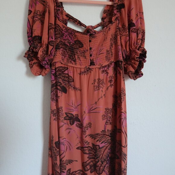 Anthropologie Puff-Sleeve Smocked Dress Midi Floral Orange Size Small - Picture 5 of 12